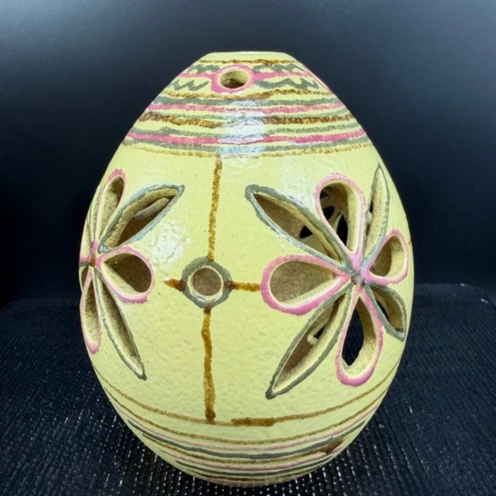 Hand Painted‎ Ceramic Candle Holder Floral Cutout Pottery Luminary Yellow Decor
